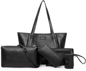 Synthetic PU Leather Tote Shoulder Portable Messenger Women's Bag 5pcs Satchel Crossbody Top-Handle Handbags-Black