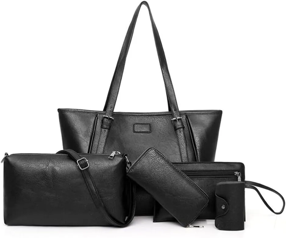 Synthetic PU Leather Tote Shoulder Portable Messenger Women's Bag 5pcs Satchel Crossbody Top-Handle Handbags-Black