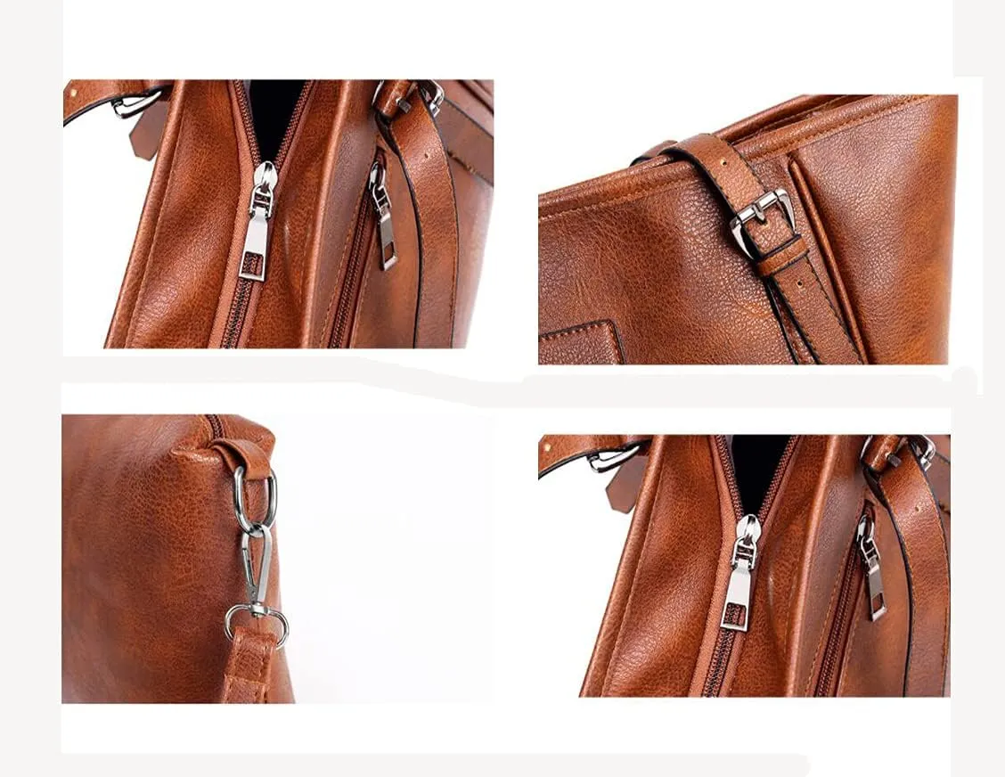 Synthetic PU Leather Tote Shoulder Portable Messenger Women's Bag 5pcs Satchel Crossbody Top-Handle Handbags-Black