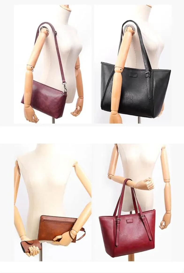 Synthetic PU Leather Tote Shoulder Portable Messenger Women's Bag 5pcs Satchel Crossbody Top-Handle Handbags-Black