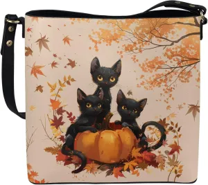 Thanksgiving Crossbody Purse Leather Large Size Women's Cat Handbag Fall Pumpkin Tote Bucket Satchel Bags with Buckle Pockets