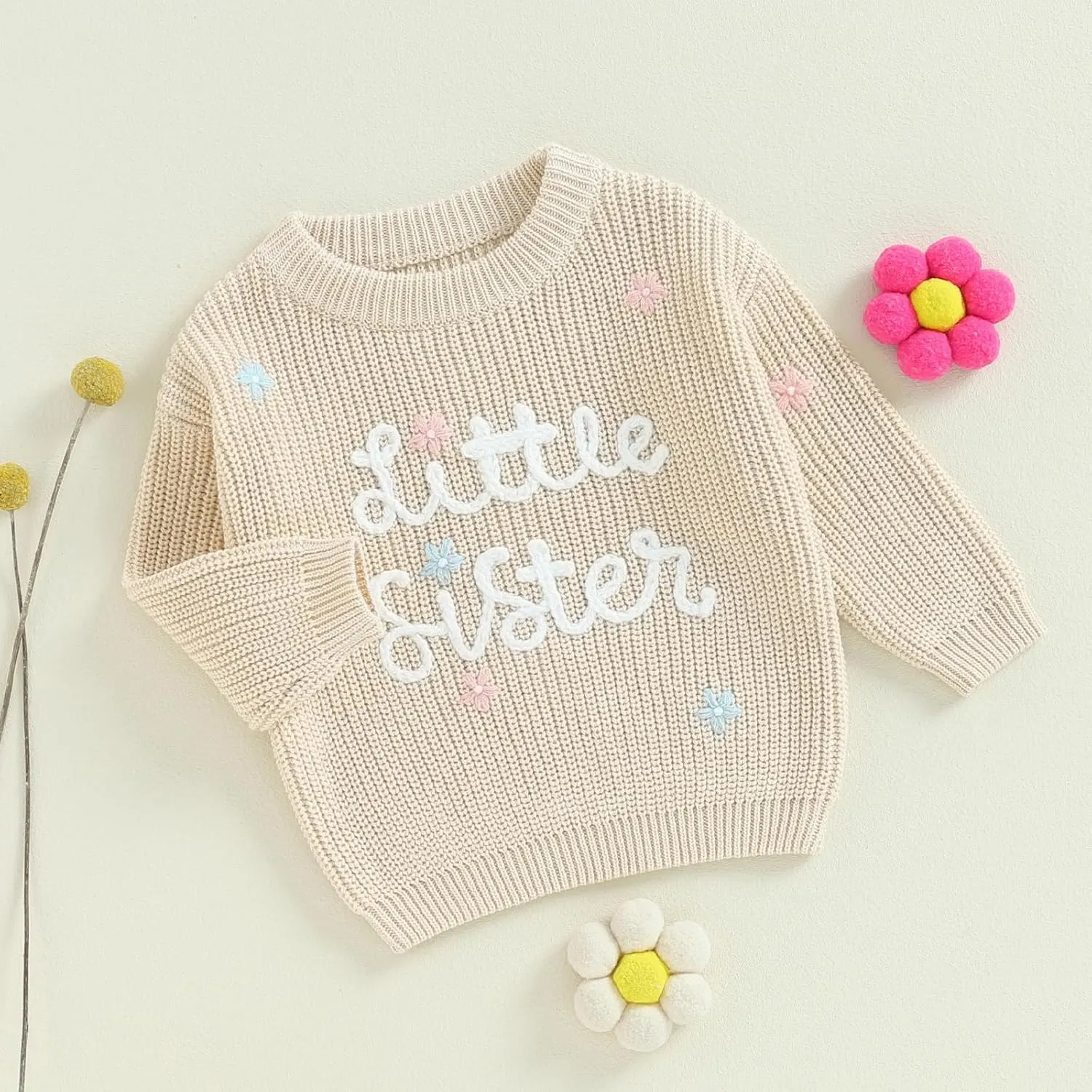 Toddler Baby Girl Boy Long Sleeve Knit Sweater Brothers Sisters Letter Embroidery Round Neck Pullover Fall Winter Tops