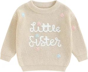 Toddler Baby Girl Boy Long Sleeve Knit Sweater Brothers Sisters Letter Embroidery Round Neck Pullover Fall Winter Tops