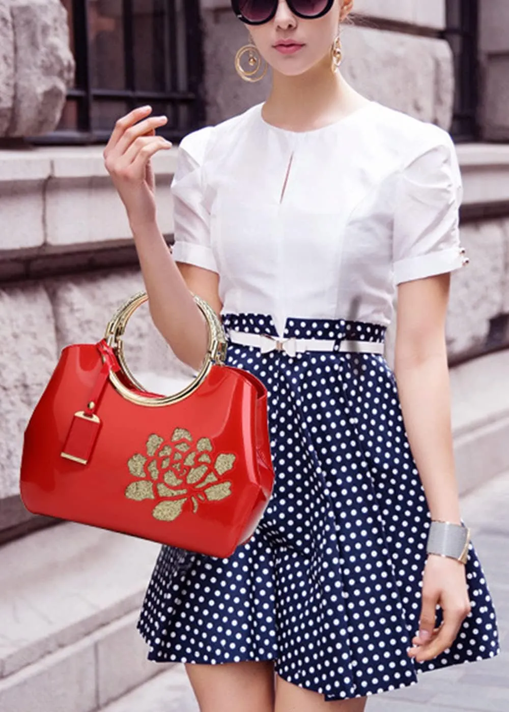 Top-handle Handbags Purse for Women Embroidered Flower Pattern Patent PU Tote Shoulder Bag Satchel