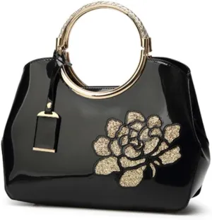 Top-handle Handbags Purse for Women Embroidered Flower Pattern Patent PU Tote Shoulder Bag Satchel