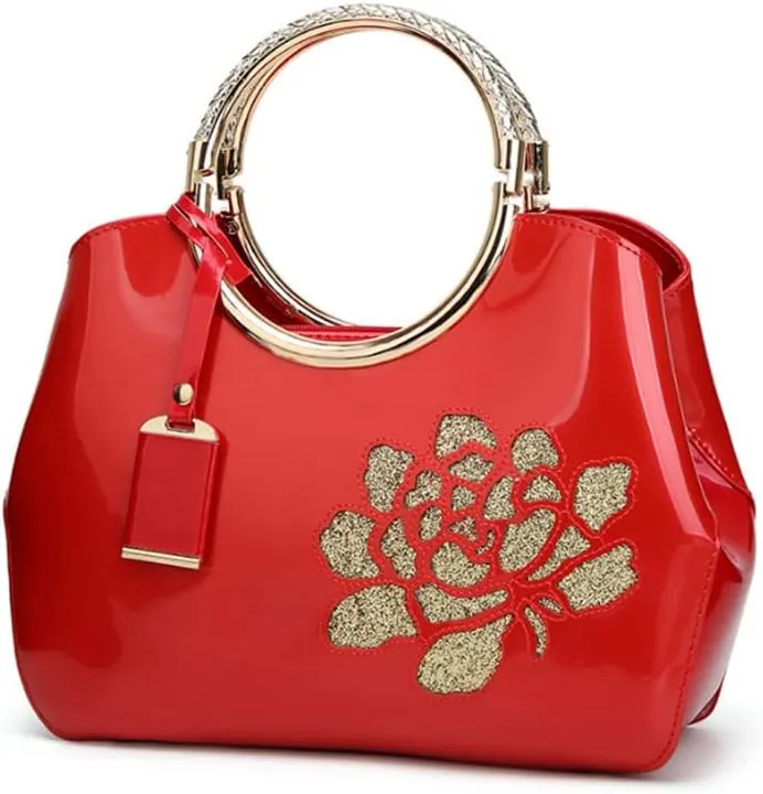 Top-handle Handbags Purse for Women Embroidered Flower Pattern Patent PU Tote Shoulder Bag Satchel