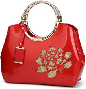Top-handle Handbags Purse for Women Embroidered Flower Pattern Patent PU Tote Shoulder Bag Satchel