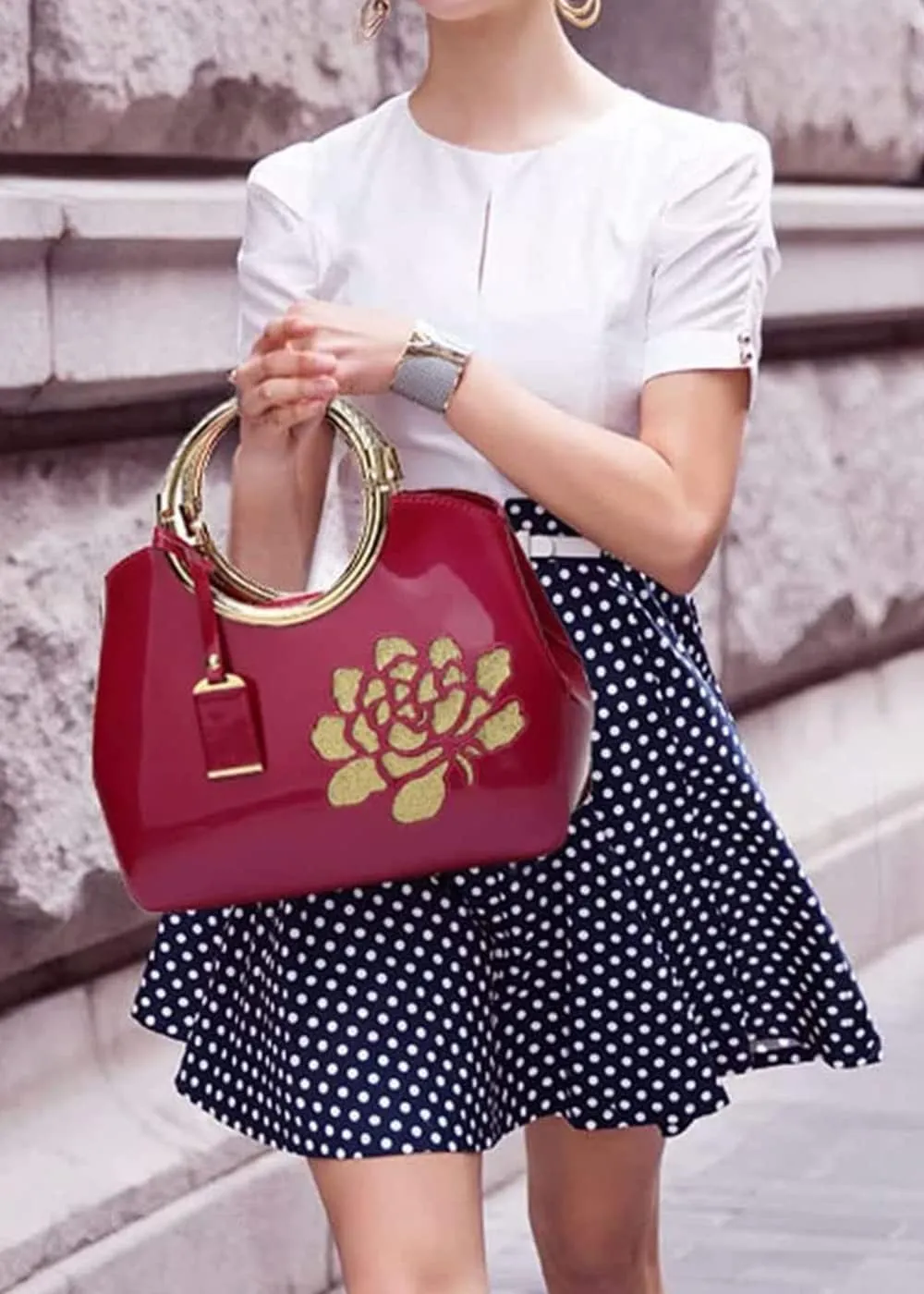 Top-handle Handbags Purse for Women Embroidered Flower Pattern Patent PU Tote Shoulder Bag Satchel