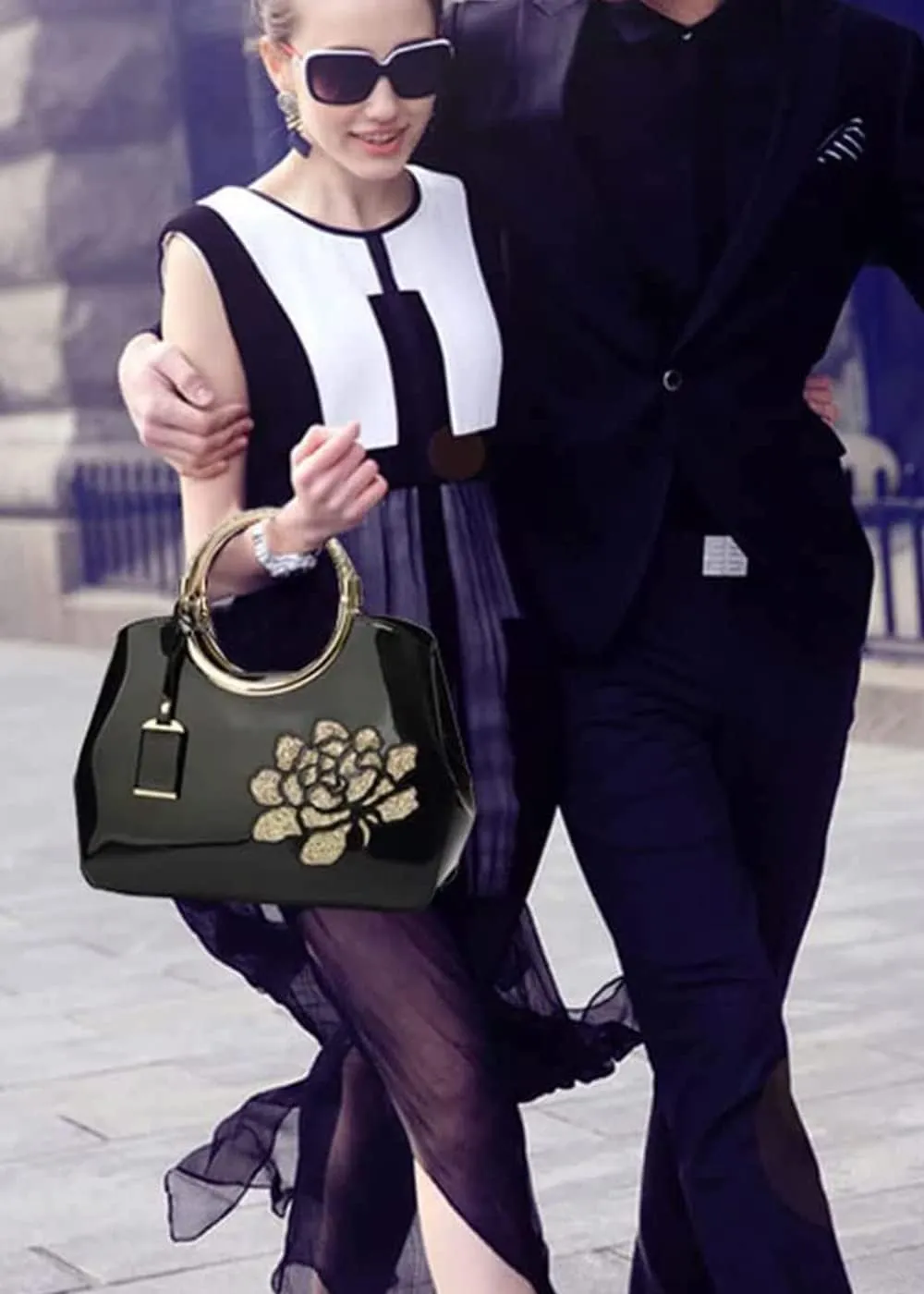 Top-handle Handbags Purse for Women Embroidered Flower Pattern Patent PU Tote Shoulder Bag Satchel