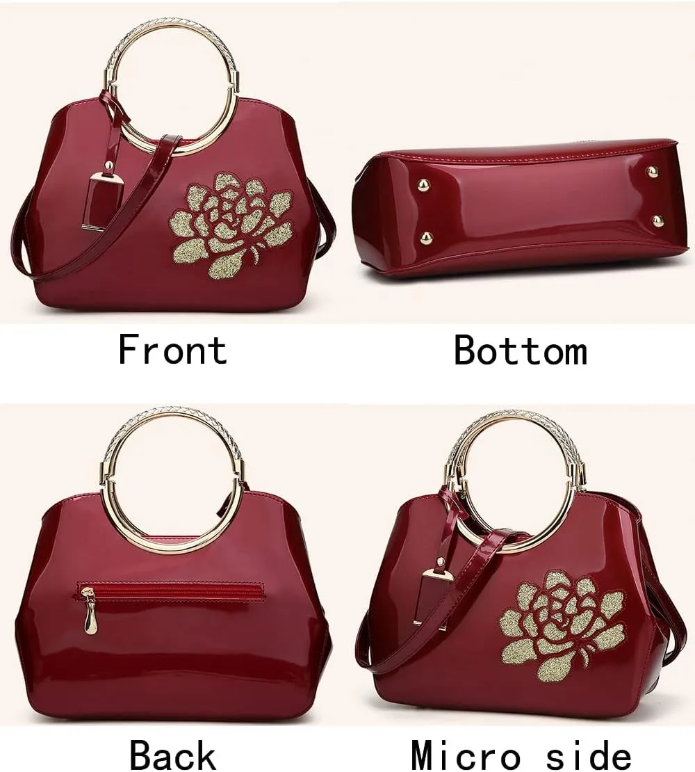 Top-handle Handbags Purse for Women Embroidered Flower Pattern Patent PU Tote Shoulder Bag Satchel