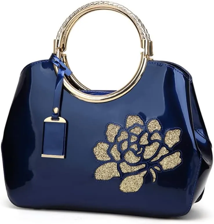 Top-handle Handbags Purse for Women Embroidered Flower Pattern Patent PU Tote Shoulder Bag Satchel