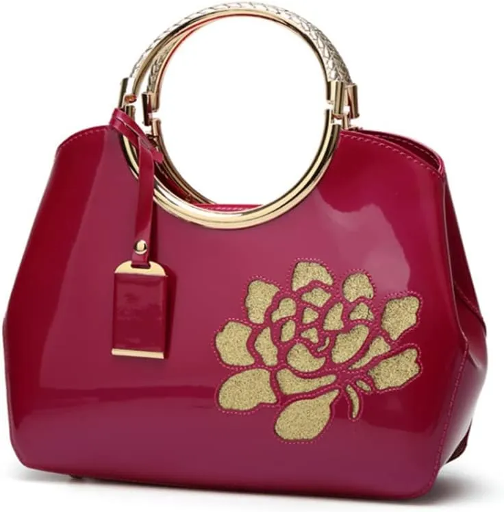 Top-handle Handbags Purse for Women Embroidered Flower Pattern Patent PU Tote Shoulder Bag Satchel