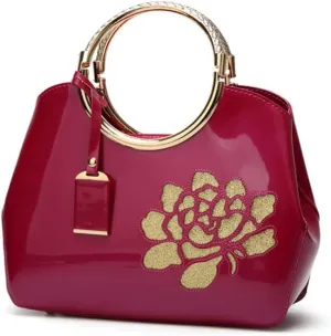 Top-handle Handbags Purse for Women Embroidered Flower Pattern Patent PU Tote Shoulder Bag Satchel