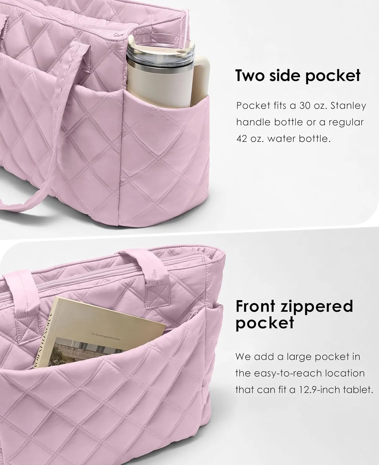 Tote Bag for Women, Lightweight Puffer Tote Work Bags with Compartments for Travel, Quilted Shoulder Bag with Zipper