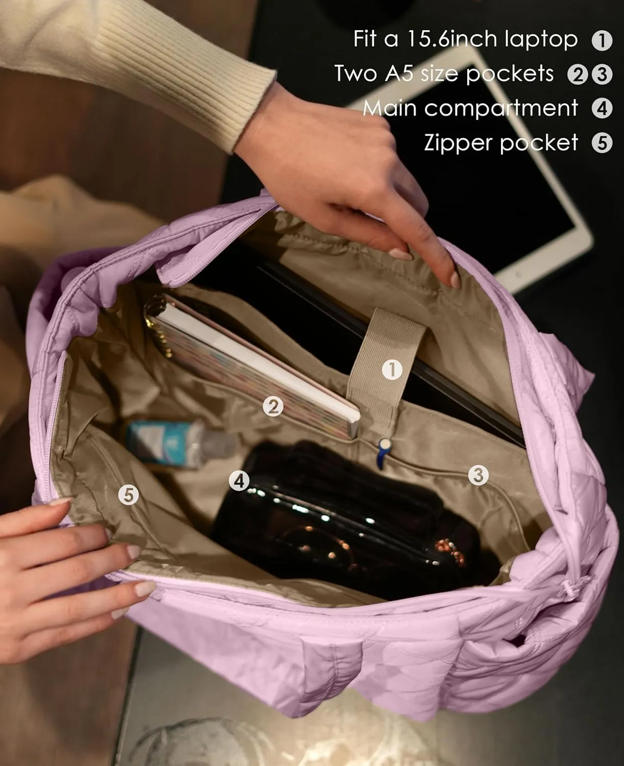 Tote Bag for Women, Lightweight Puffer Tote Work Bags with Compartments for Travel, Quilted Shoulder Bag with Zipper