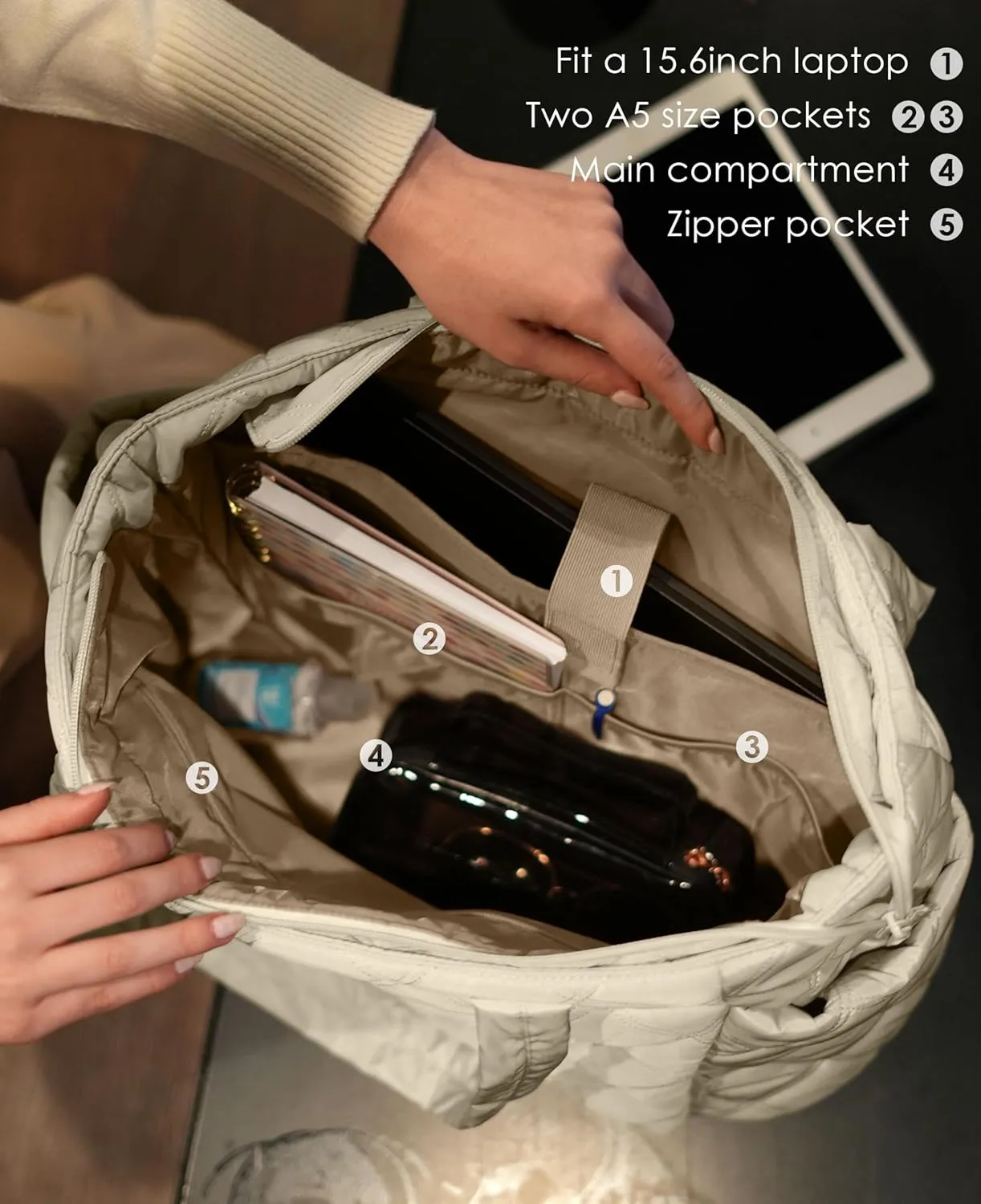 Tote Bag for Women, Lightweight Puffer Tote Work Bags with Compartments for Travel, Quilted Shoulder Bag with Zipper