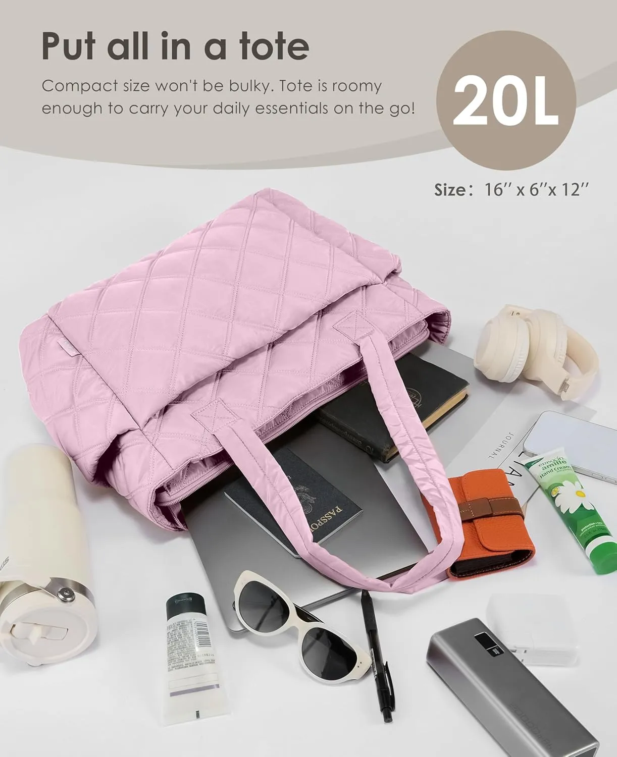 Tote Bag for Women, Lightweight Puffer Tote Work Bags with Compartments for Travel, Quilted Shoulder Bag with Zipper
