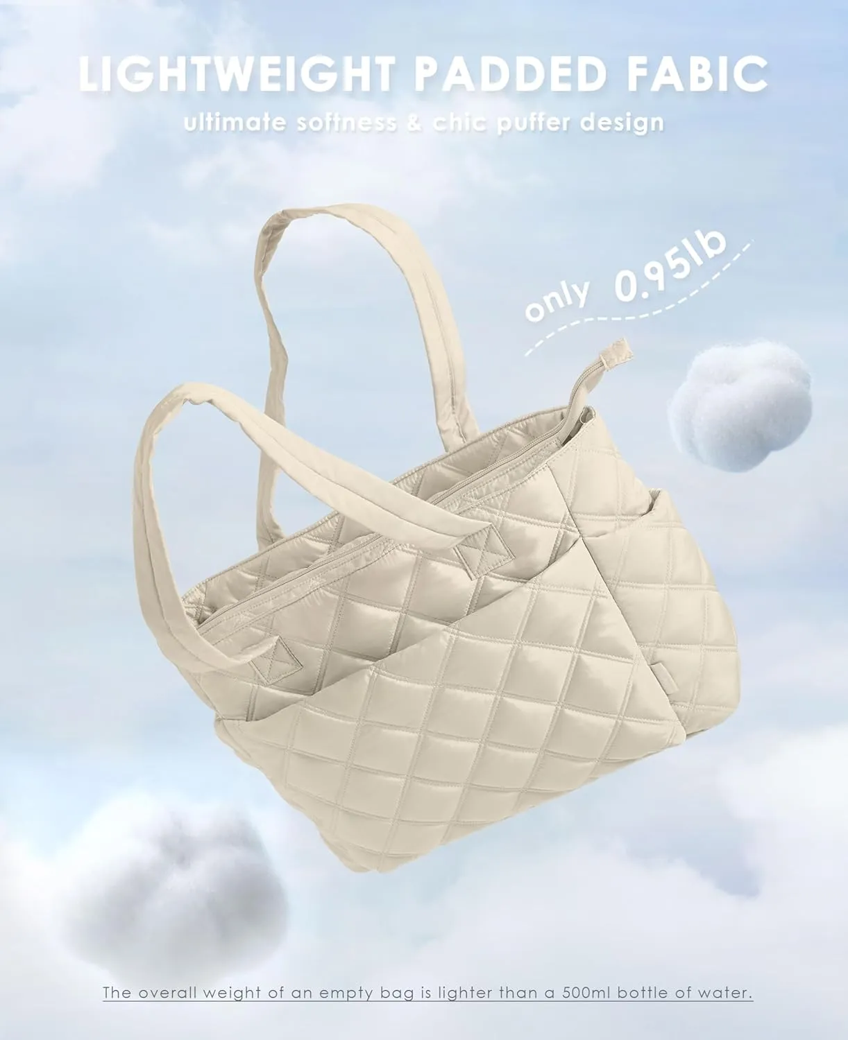 Tote Bag for Women, Lightweight Puffer Tote Work Bags with Compartments for Travel, Quilted Shoulder Bag with Zipper