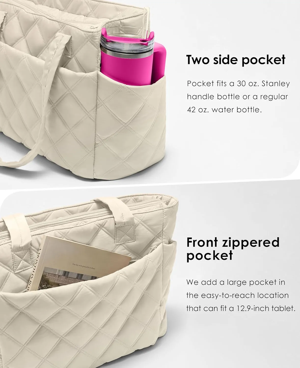 Tote Bag for Women, Lightweight Puffer Tote Work Bags with Compartments for Travel, Quilted Shoulder Bag with Zipper