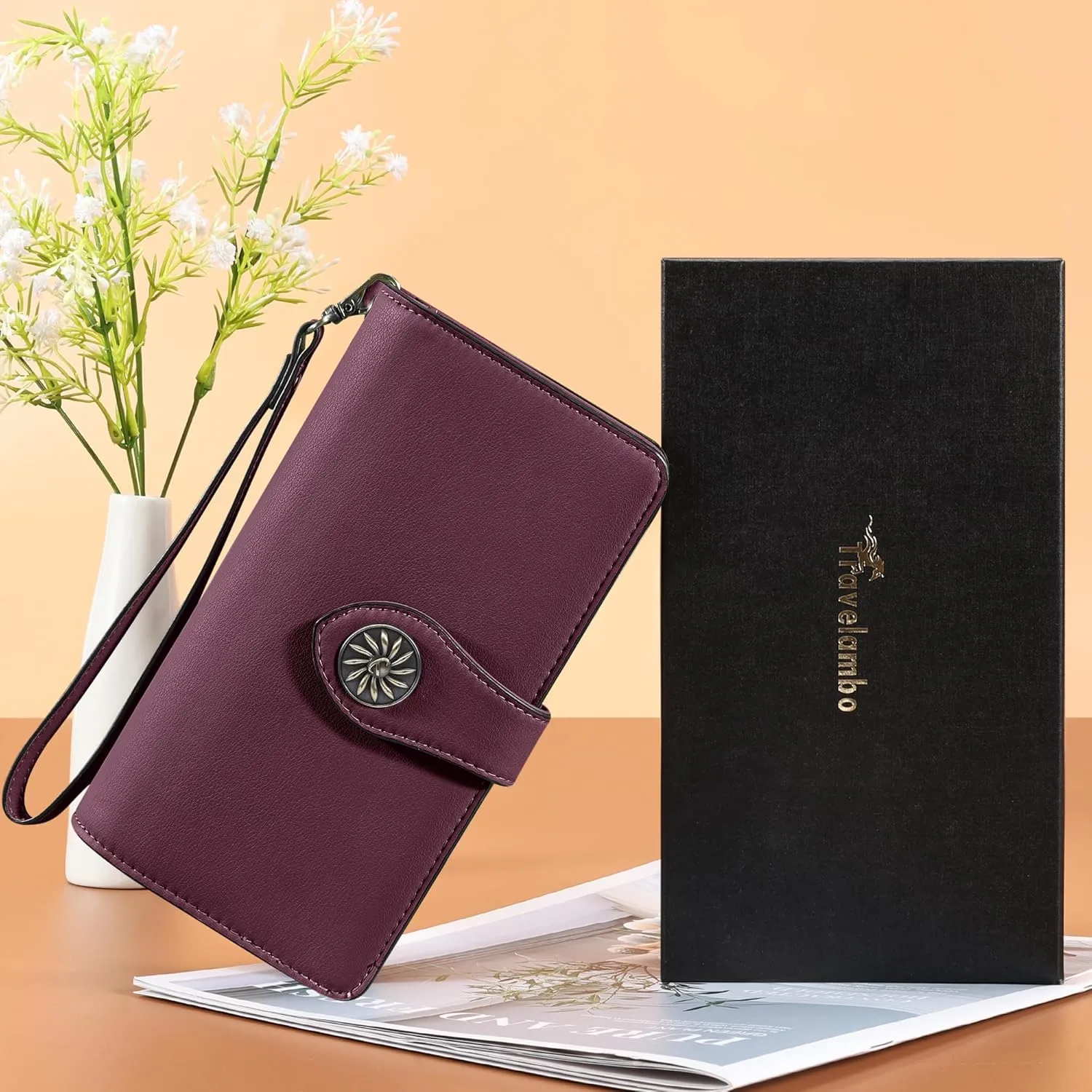 Travelambo Women's Wallet RFID Blocking Credit Card Holder Large Capacity Wristlet Leather Wallets Purse