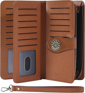 Travelambo Women's Wallet RFID Blocking Credit Card Holder Large Capacity Wristlet Leather Wallets Purse