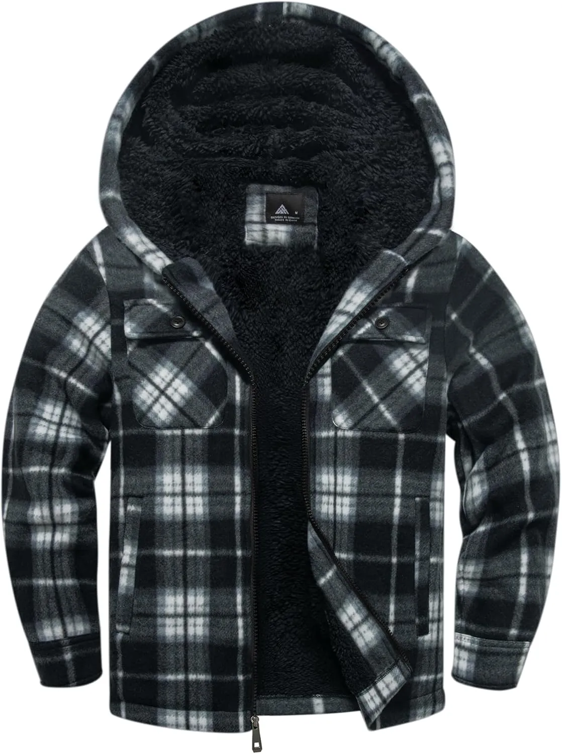 V VALANCH Boys Flannel Jacket Hooded Fleece Lined Zip-up Hoodies Plaid Coat for Kids