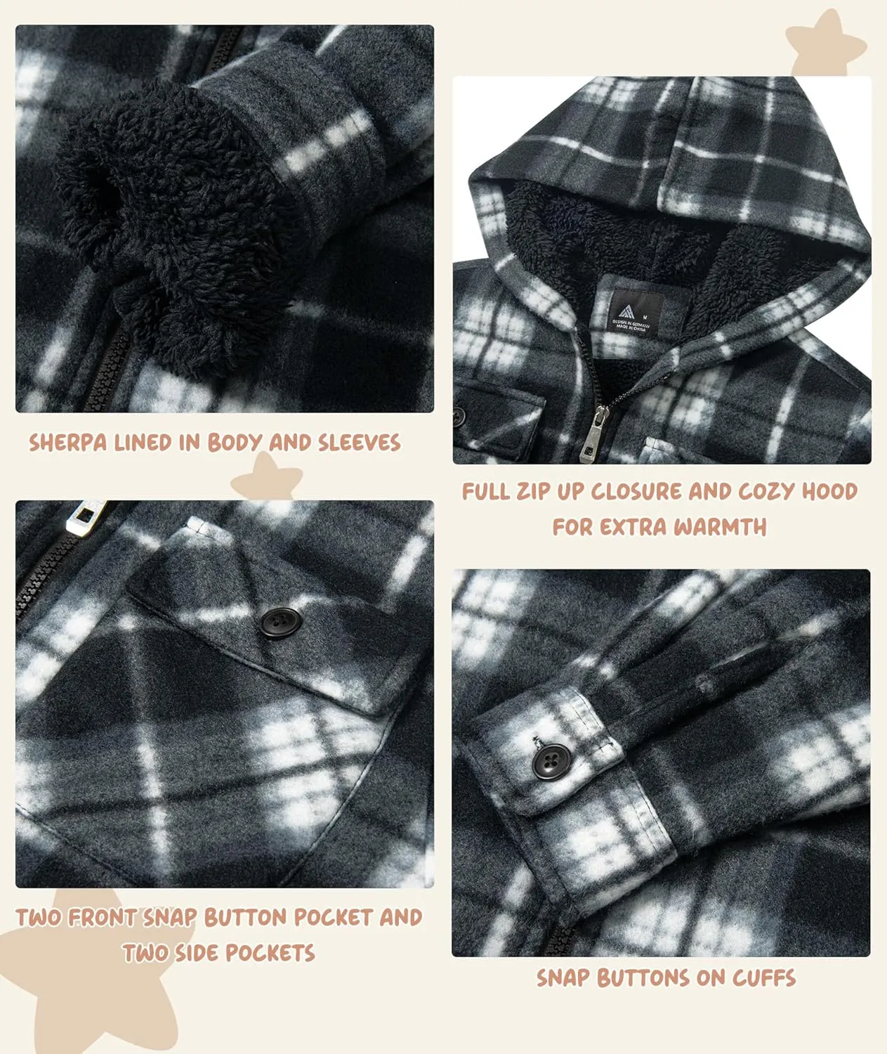 V VALANCH Boys Flannel Jacket Hooded Fleece Lined Zip-up Hoodies Plaid Coat for Kids