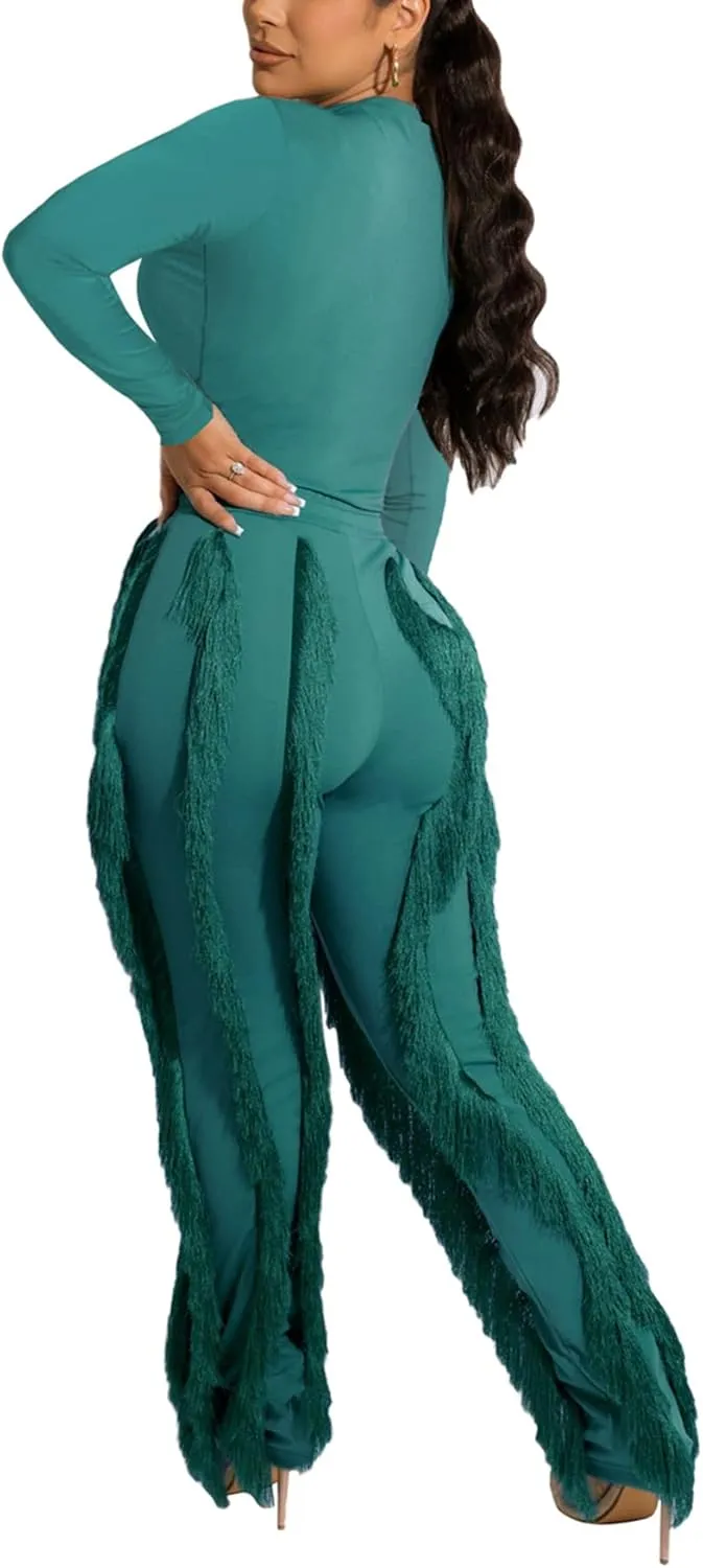 Vakkest Women's 2 Piece Outfits Sleeveless Tanks Top High Waist Fringe Long Pants Casual Tassels Bodycon Yoga Pants