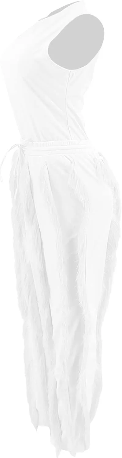 Vakkest Women's 2 Piece Outfits Sleeveless Tanks Top High Waist Fringe Long Pants Casual Tassels Bodycon Yoga Pants