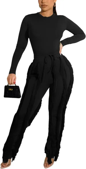 Vakkest Women's 2 Piece Outfits Sleeveless Tanks Top High Waist Fringe Long Pants Casual Tassels Bodycon Yoga Pants