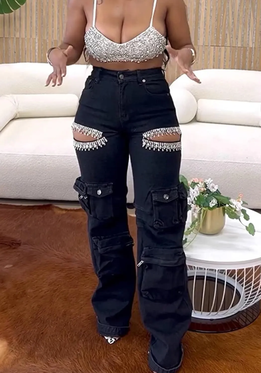 Vakkest Women's Rhinestone Cargo Jeans High Waisted Ripped Distressed Wide Leg Stretchy Denim Pants with Flap Pockets