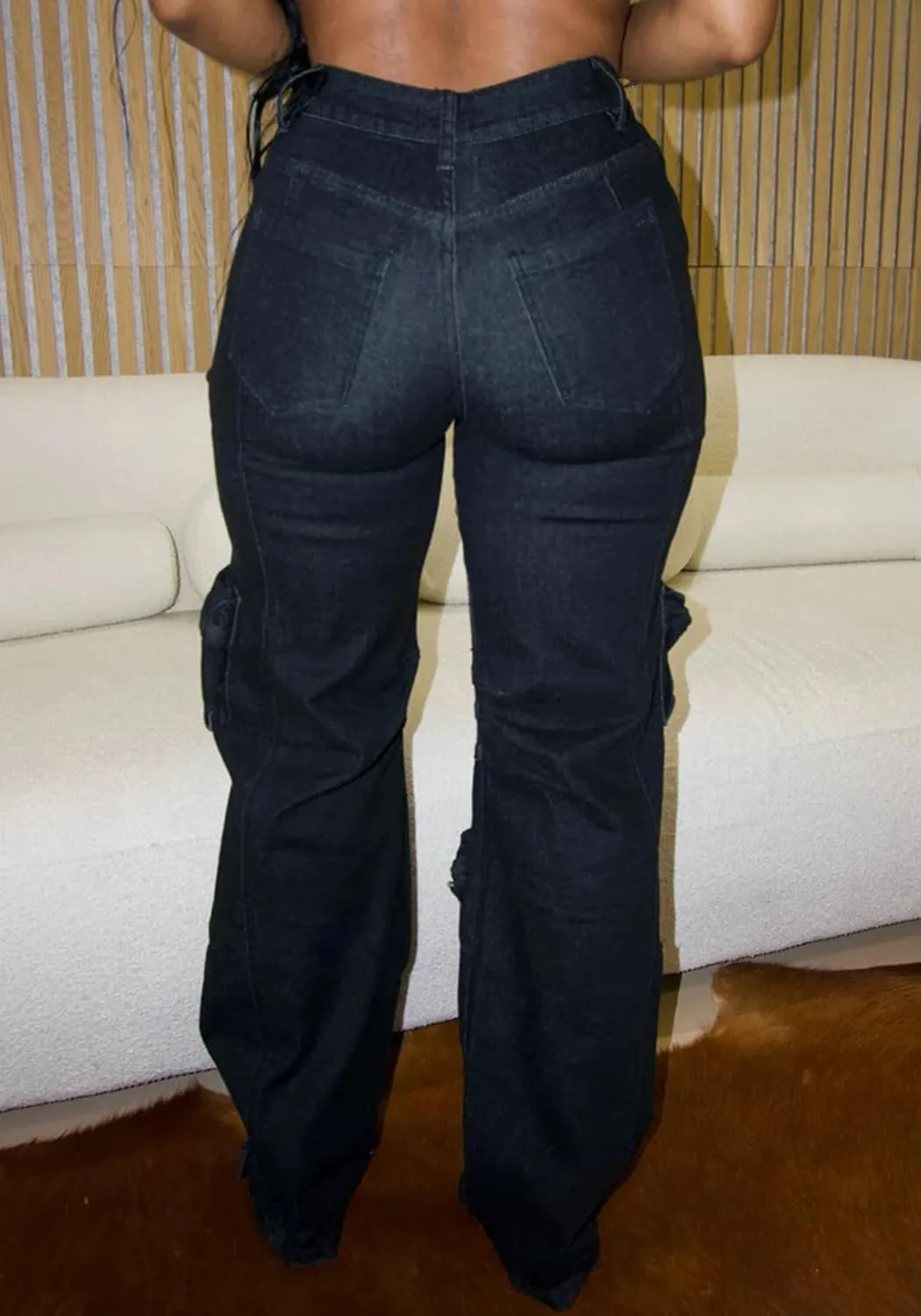 Vakkest Women's Rhinestone Cargo Jeans High Waisted Ripped Distressed Wide Leg Stretchy Denim Pants with Flap Pockets