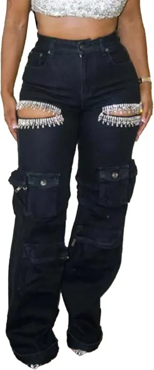 Vakkest Women's Rhinestone Cargo Jeans High Waisted Ripped Distressed Wide Leg Stretchy Denim Pants with Flap Pockets