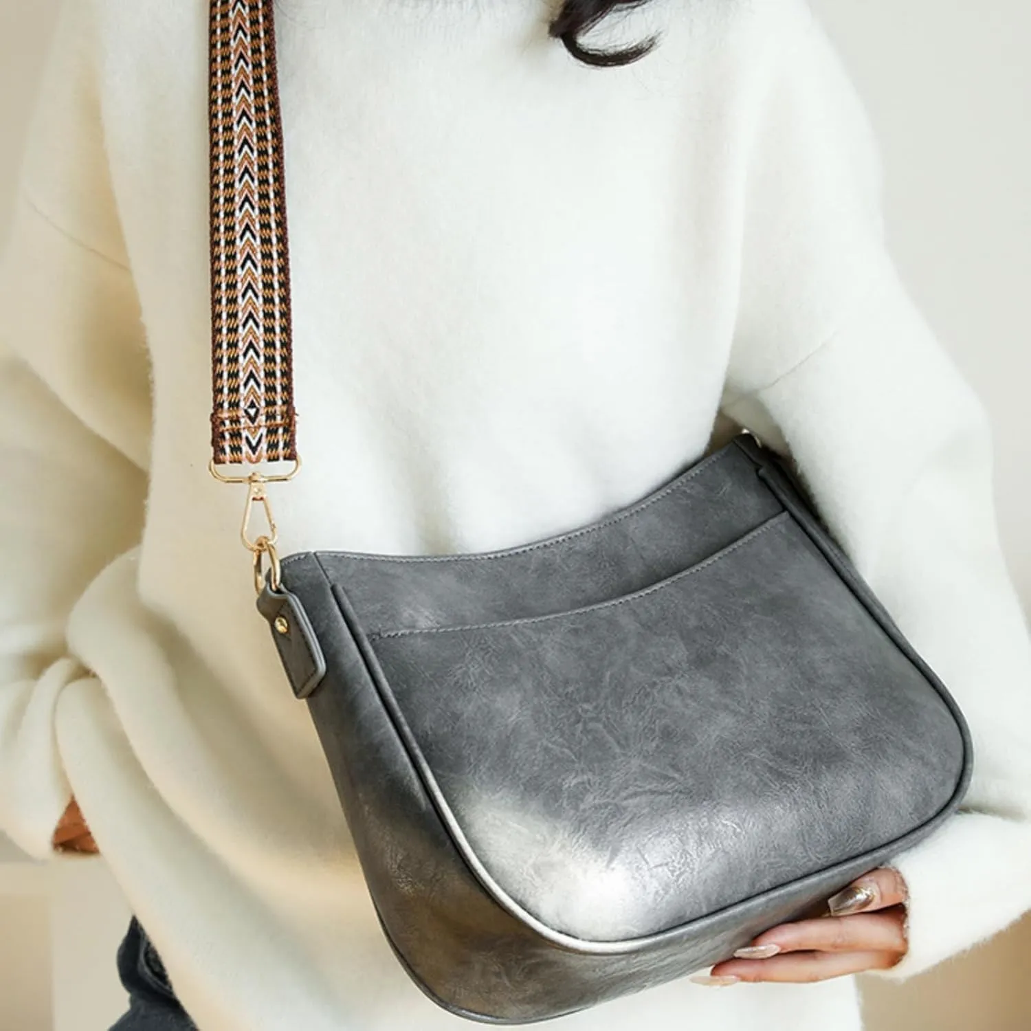 Vegan Leather Crossbody Bags for Women, Camera Shoulder Handbag Zipped Pockets Hobo Purse with Adjustable Wide Strap