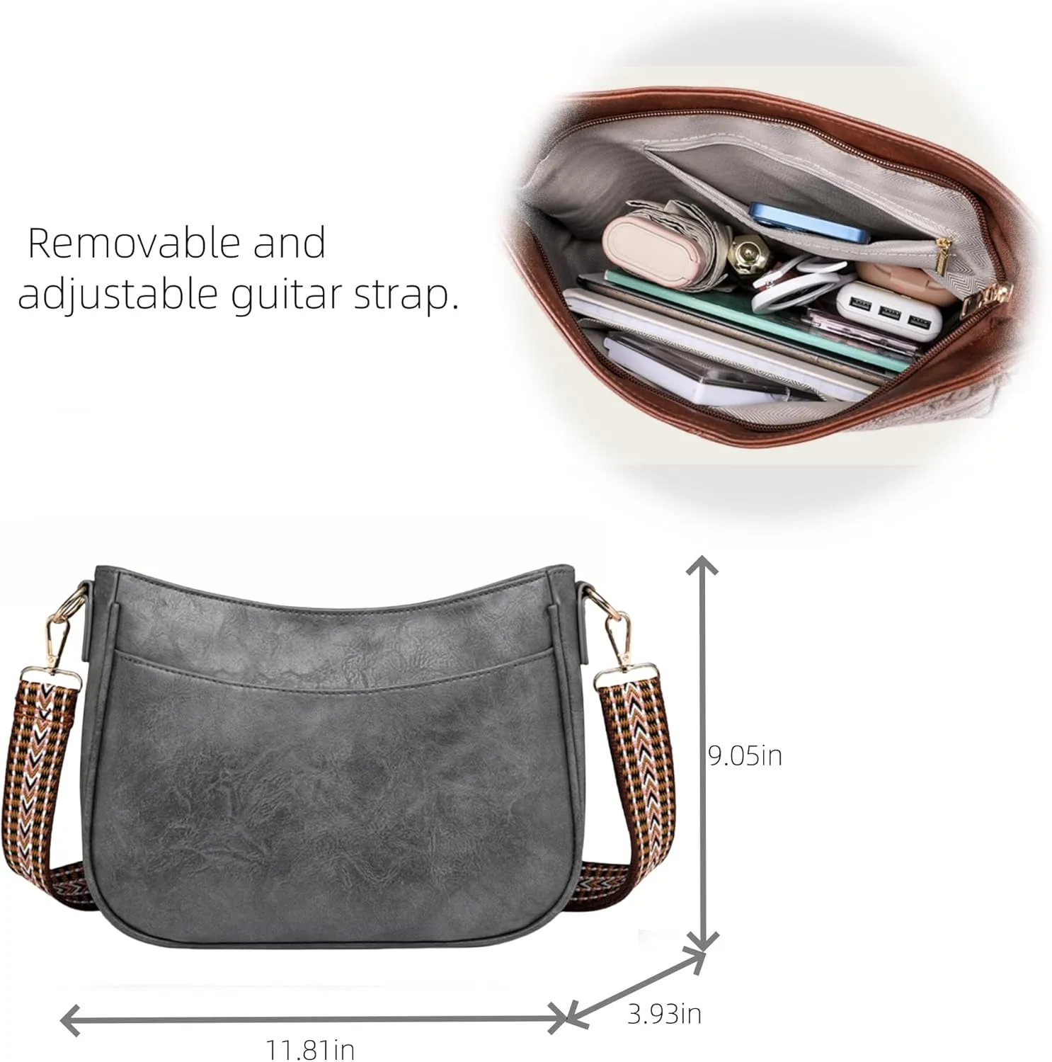 Vegan Leather Crossbody Bags for Women, Camera Shoulder Handbag Zipped Pockets Hobo Purse with Adjustable Wide Strap