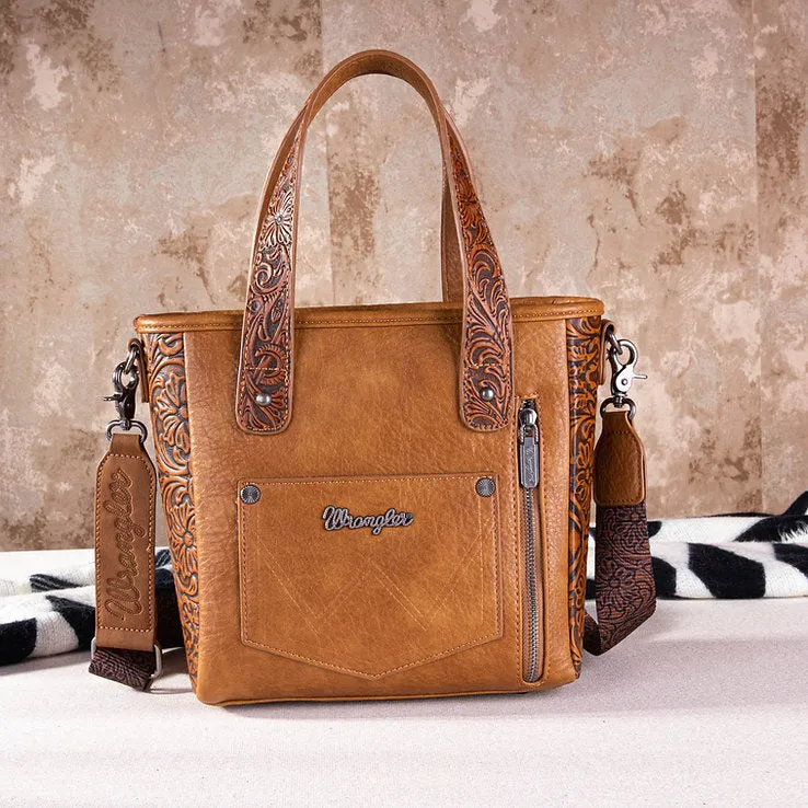 WG66-G2002 Wrangler Hair-On Cowhide Vintage Floral Concealed Carry Tote/Crossbody - Brown