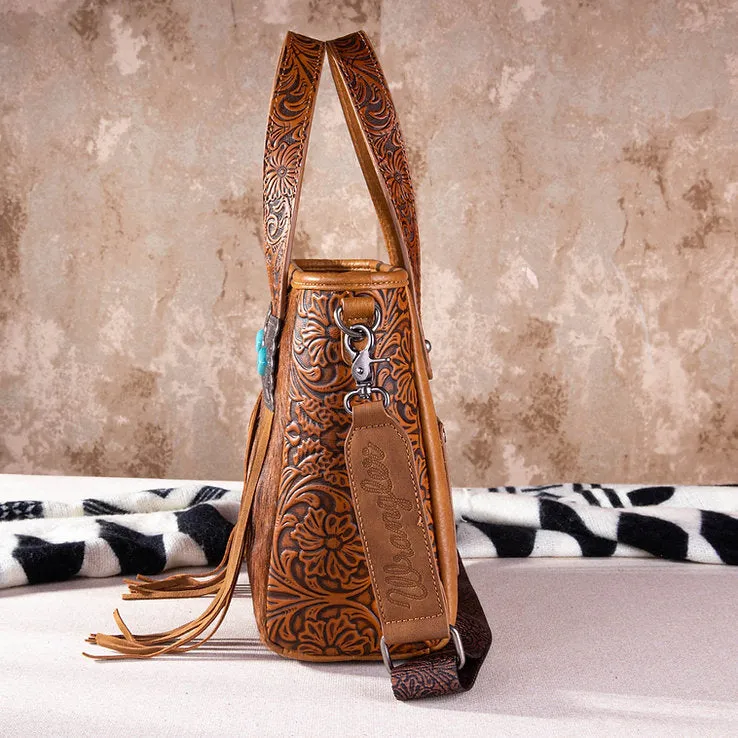 WG66-G2002 Wrangler Hair-On Cowhide Vintage Floral Concealed Carry Tote/Crossbody - Brown