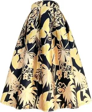 Wjnvfioo Spring Autumn Women Yellow Floral Print High Waist Pleated Long Midi Skirt