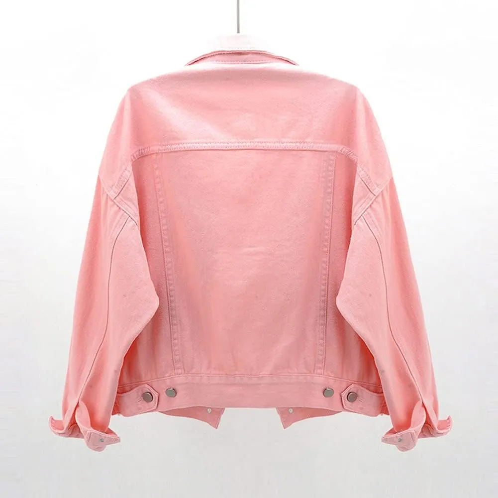 Women Candy Colors Denim Jacket Long Sleeve Boyfriend Jean Jacket Coat