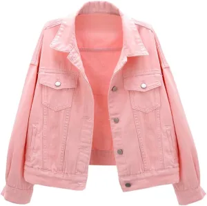 Women Candy Colors Denim Jacket Long Sleeve Boyfriend Jean Jacket Coat