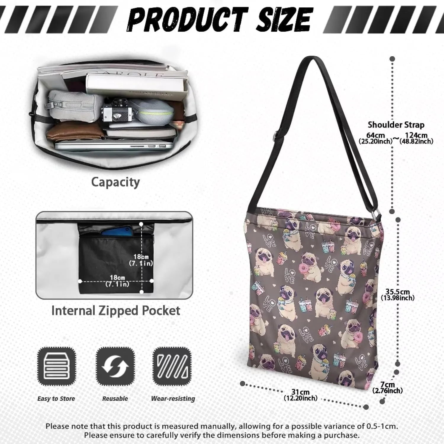 Women Canvas Shoulder Bag Large Messenger Crossbody Bags with Inner Zip Pocket Satchel Waterproof Purse Shopping
