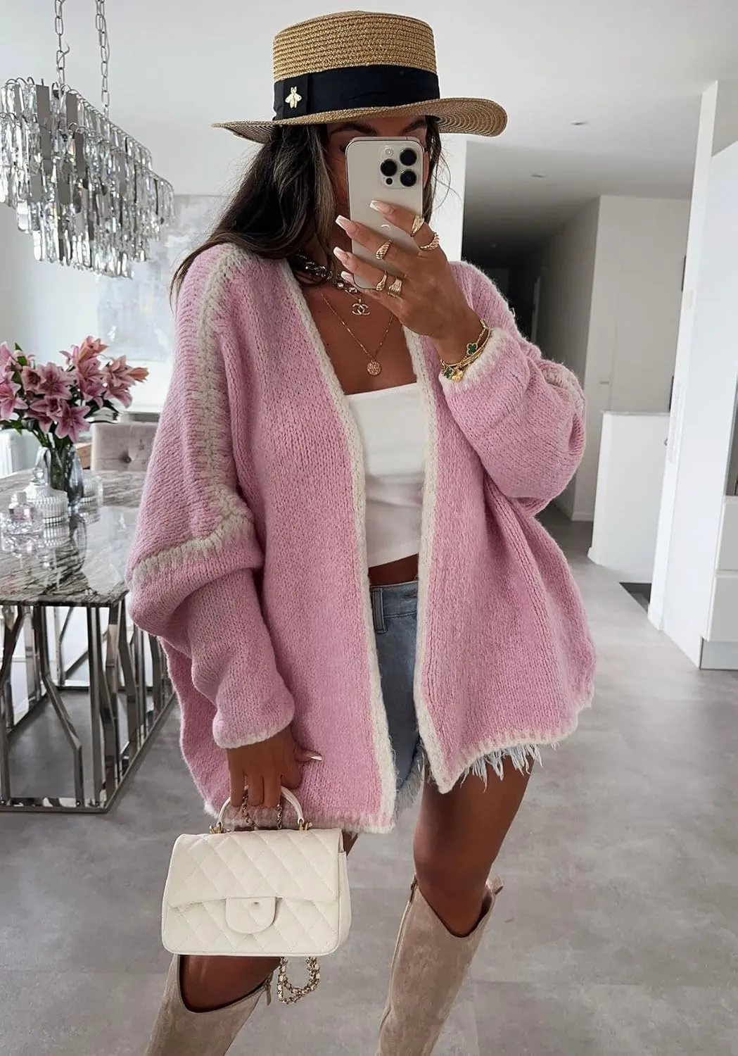 Women Fall Open Front Striped Cardigan Sweater Casual Loose Chunky Knit Coatigan Coat
