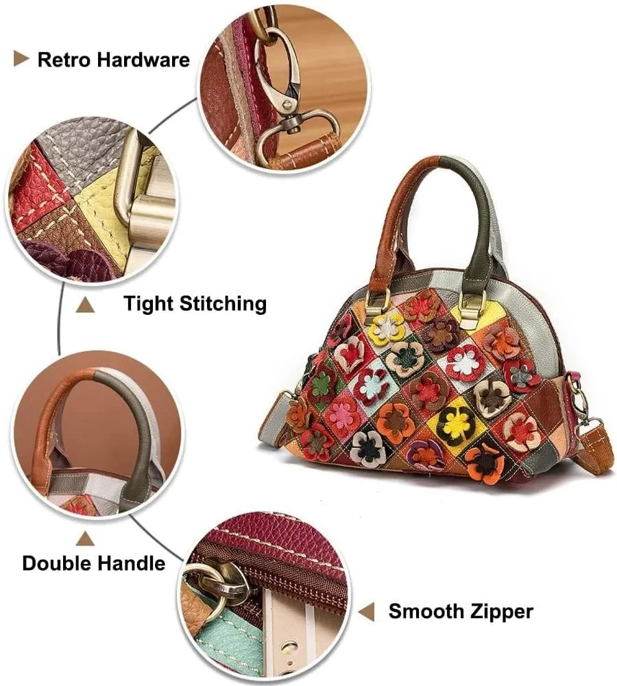 Women Handbags Genuine Leather Multicolor Square Splice Satchel Tote Purse with Long Strap Top Handle Handbags