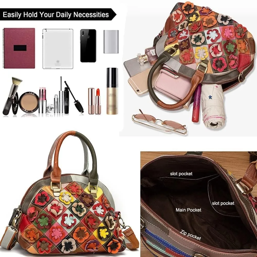 Women Handbags Genuine Leather Multicolor Square Splice Satchel Tote Purse with Long Strap Top Handle Handbags