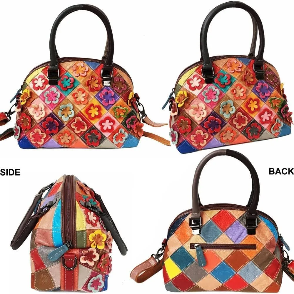 Women Handbags Genuine Leather Multicolor Square Splice Satchel Tote Purse with Long Strap Top Handle Handbags