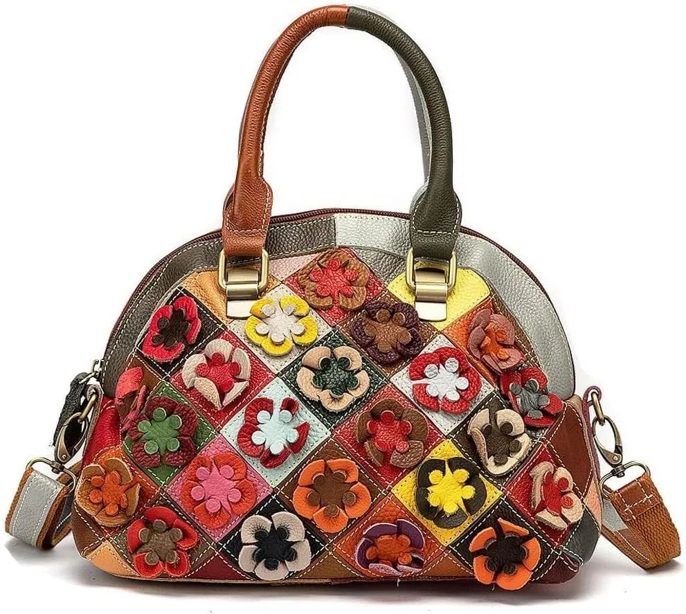 Women Handbags Genuine Leather Multicolor Square Splice Satchel Tote Purse with Long Strap Top Handle Handbags
