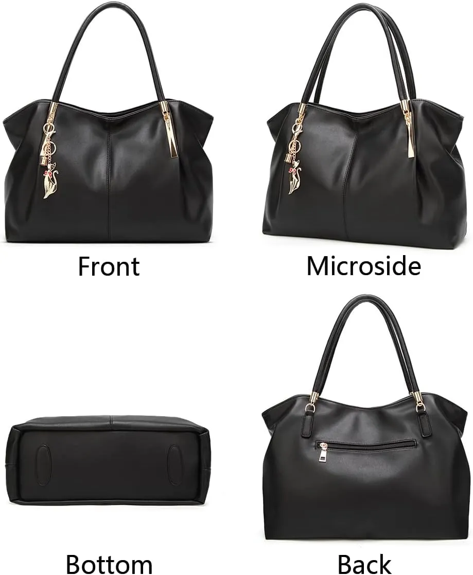 Women Hobo Tote Satchel Purse PU Leather Top-handle Handbags with Fox Pendant Shoulder Bag Black
