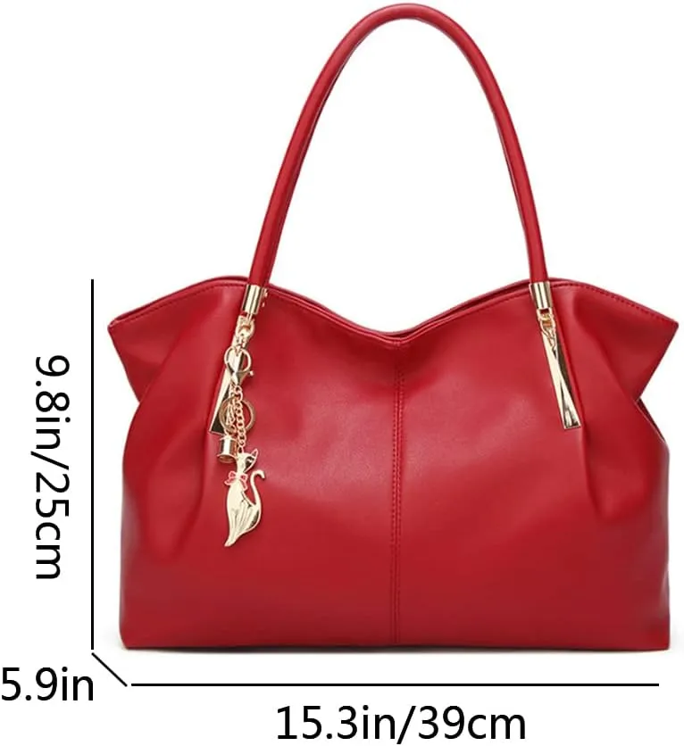 Women Hobo Tote Satchel Purse PU Leather Top-handle Handbags with Fox Pendant Shoulder Bag