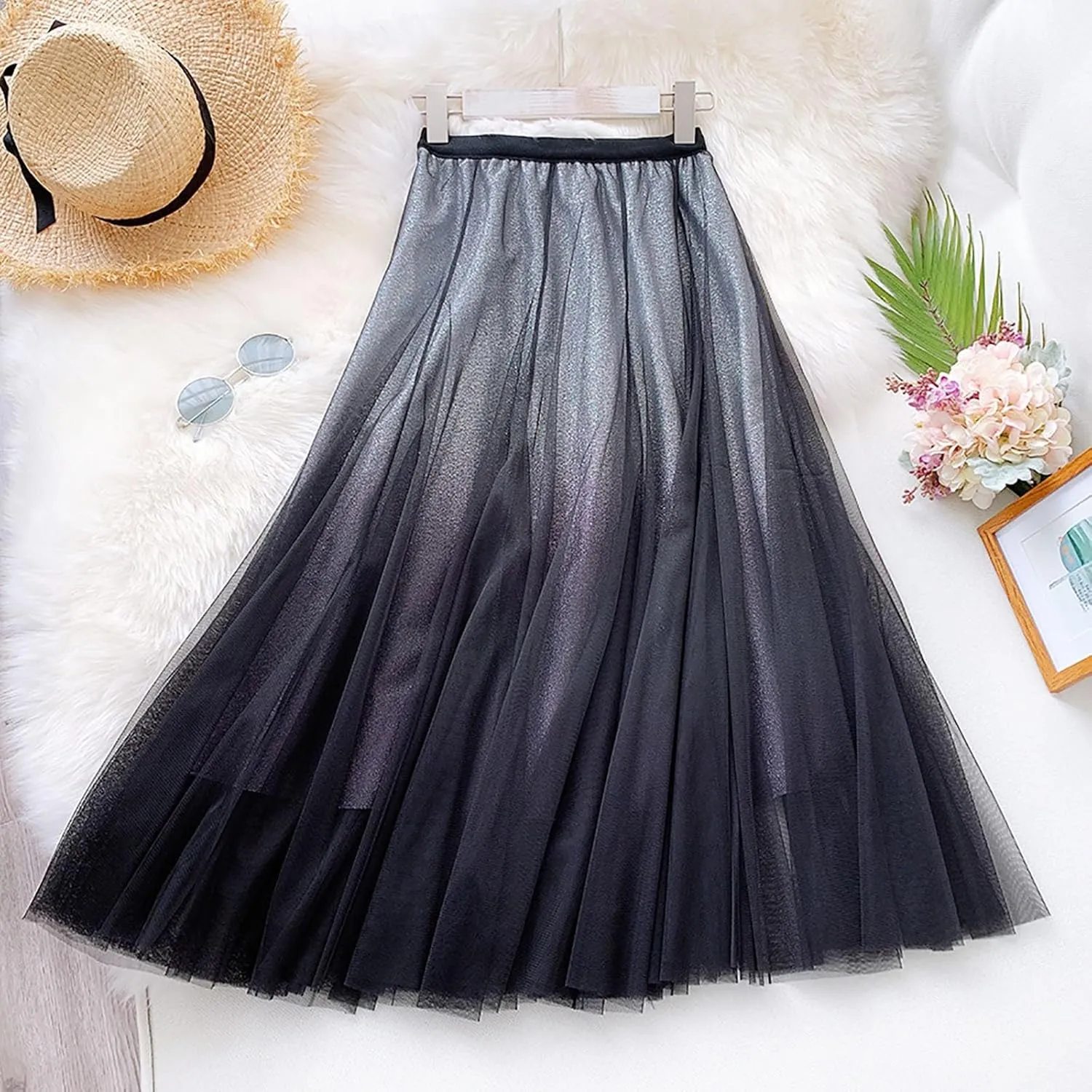 Women Shiny Sparkle Tulle Midi Skirts Elastic Waist Gradient Colour Pleated Layered Flowy Fairy A Line Skirt