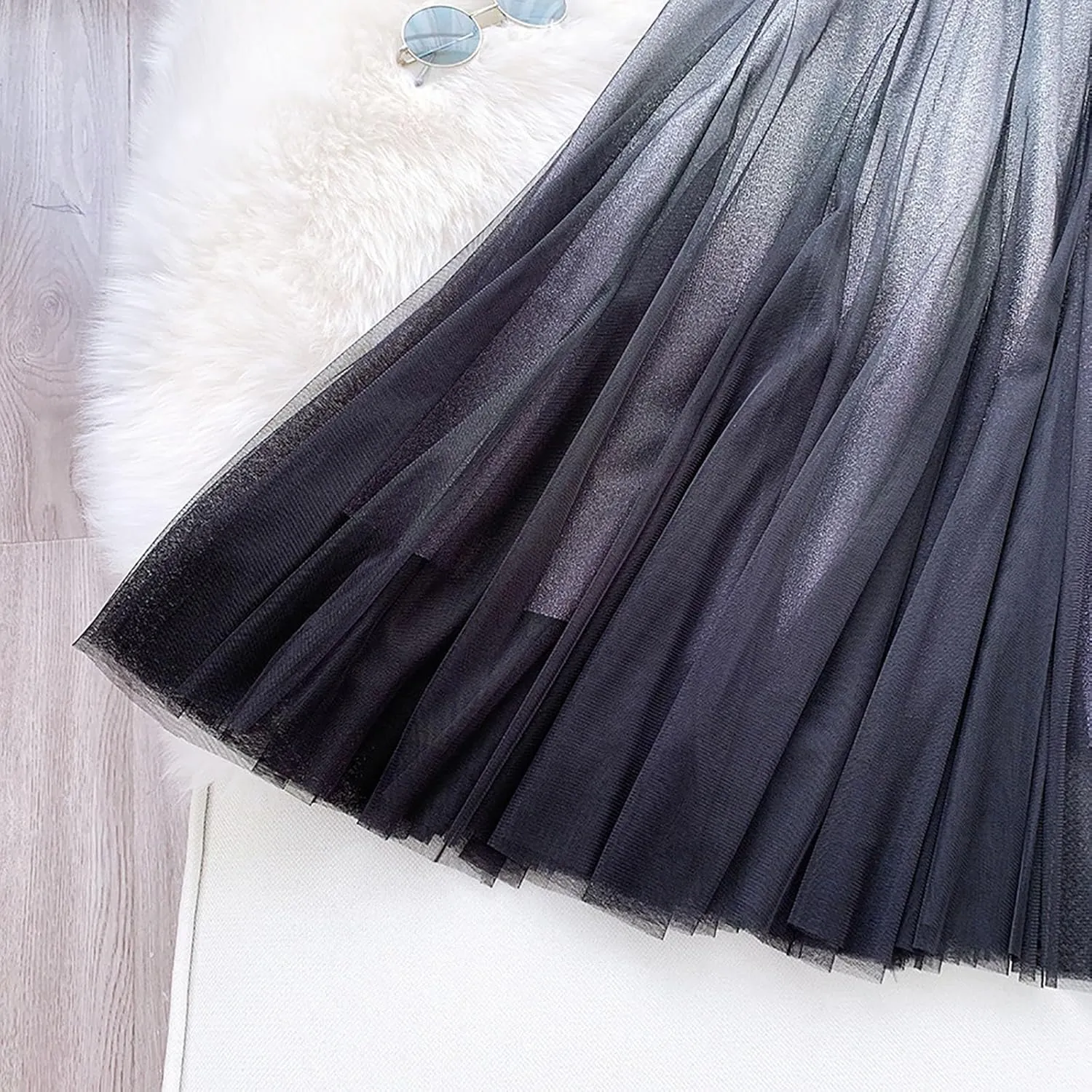 Women Shiny Sparkle Tulle Midi Skirts Elastic Waist Gradient Colour Pleated Layered Flowy Fairy A Line Skirt
